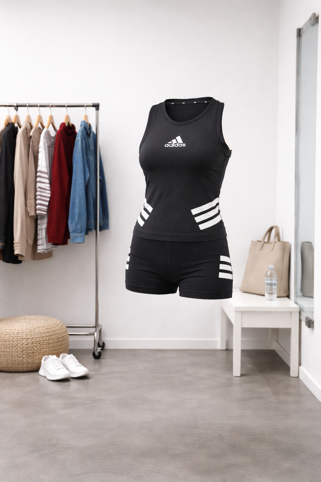 Black Adidas athletic top and shorts displayed on a mannequin, with clothing rack, beige bag, water bottle, and white sneakers in a minimalist room.