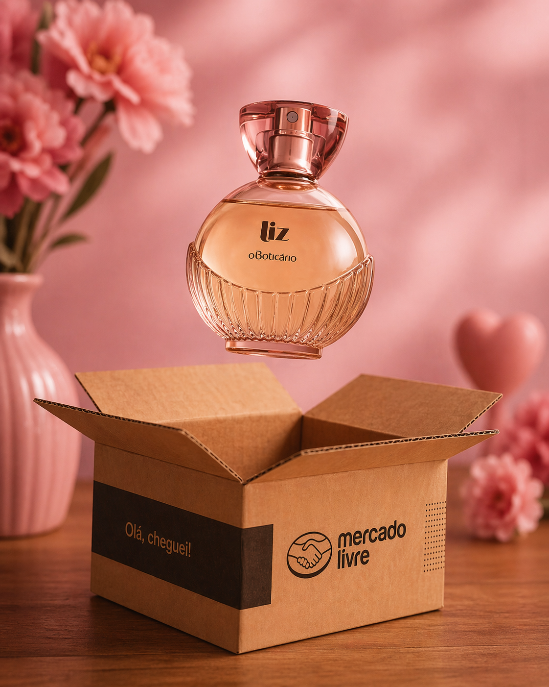A perfume bottle labeled "liz" floating above a cardboard box with the Mercado Livre logo, surrounded by pink flowers and a pink heart-shaped object in the background.