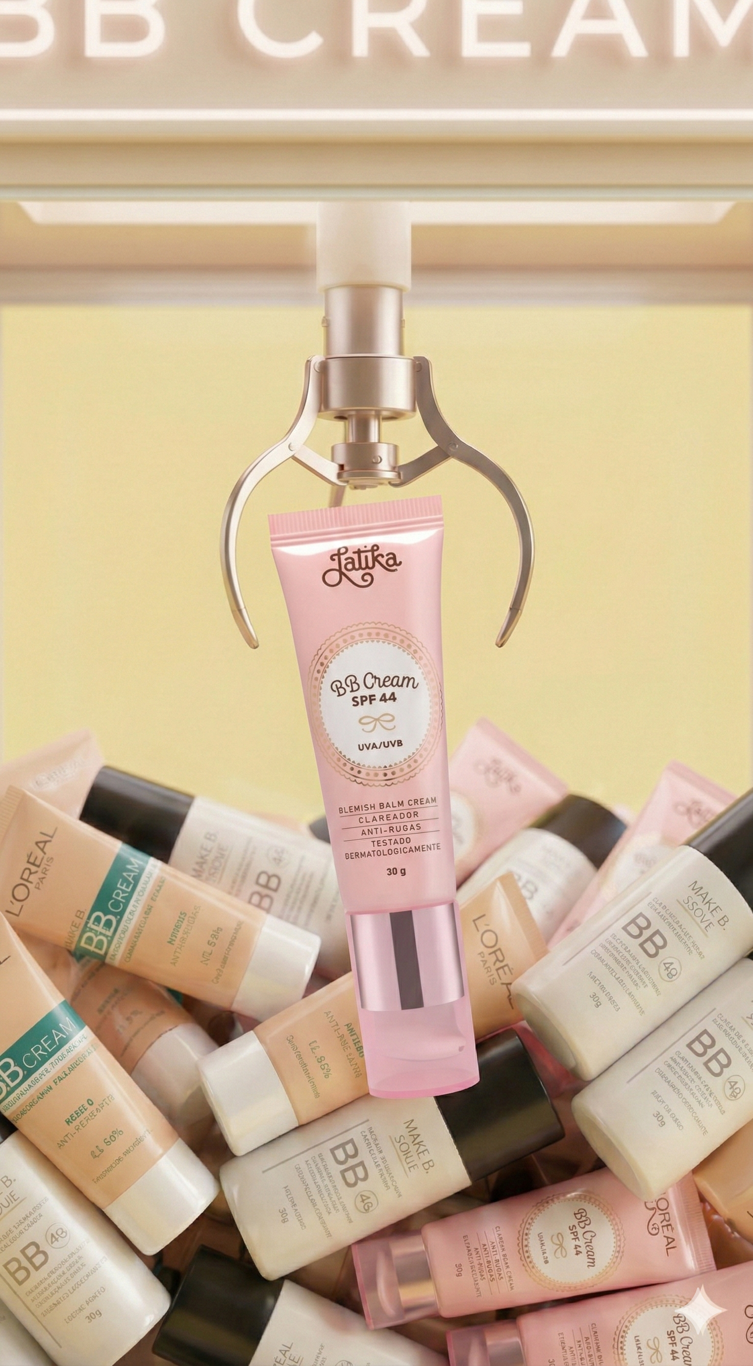 Several tubes of L'Oreal BB cream in shades of beige and pink, with one pink tube hanging from a mechanical claw above the others, which are arranged in a display.