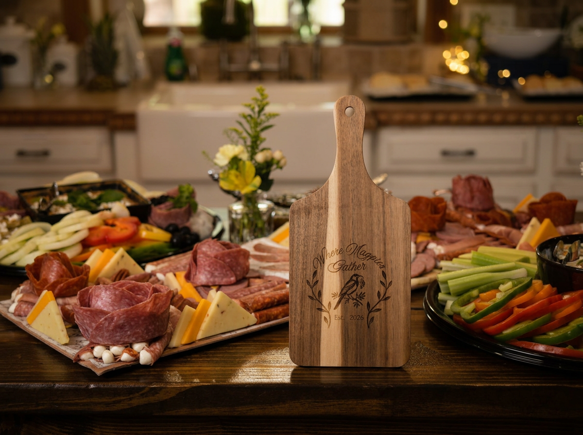 Branded board on grazing table at wedding to include locally sourced meats, cheeses and vegetables from my own garden