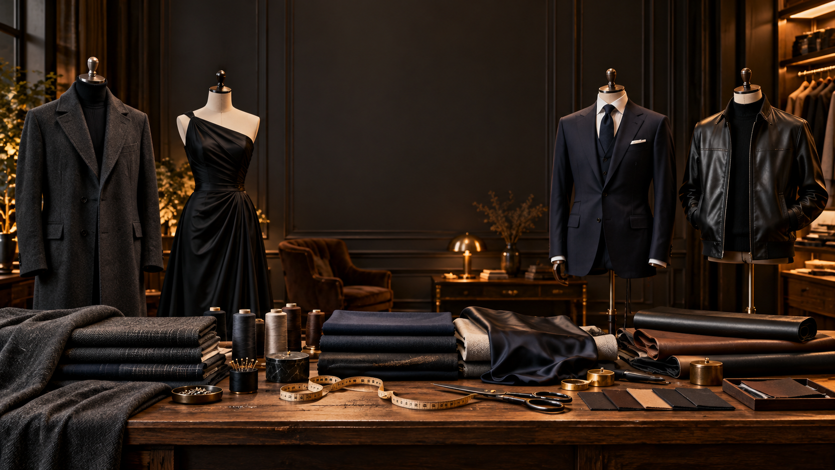Luxury tailoring atelier with an overcoat, evening dress, men’s suit, leather jacket and neatly organized premium fabrics
