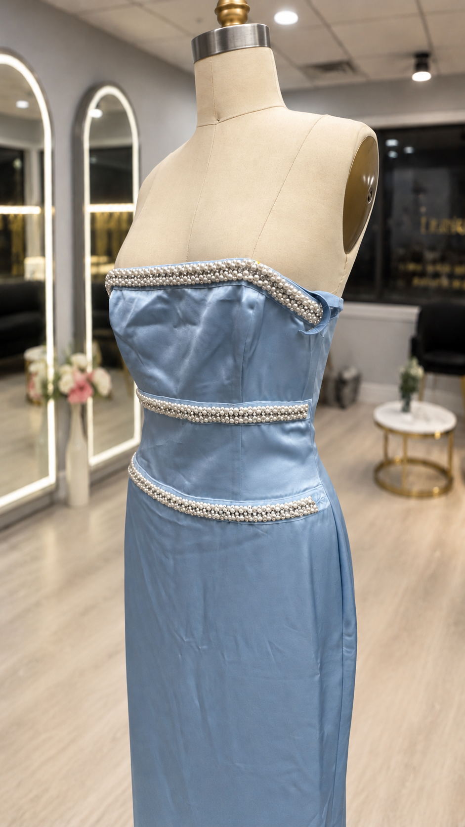 Before — the waist set in the wrong place, so the bodice sits below the bust.