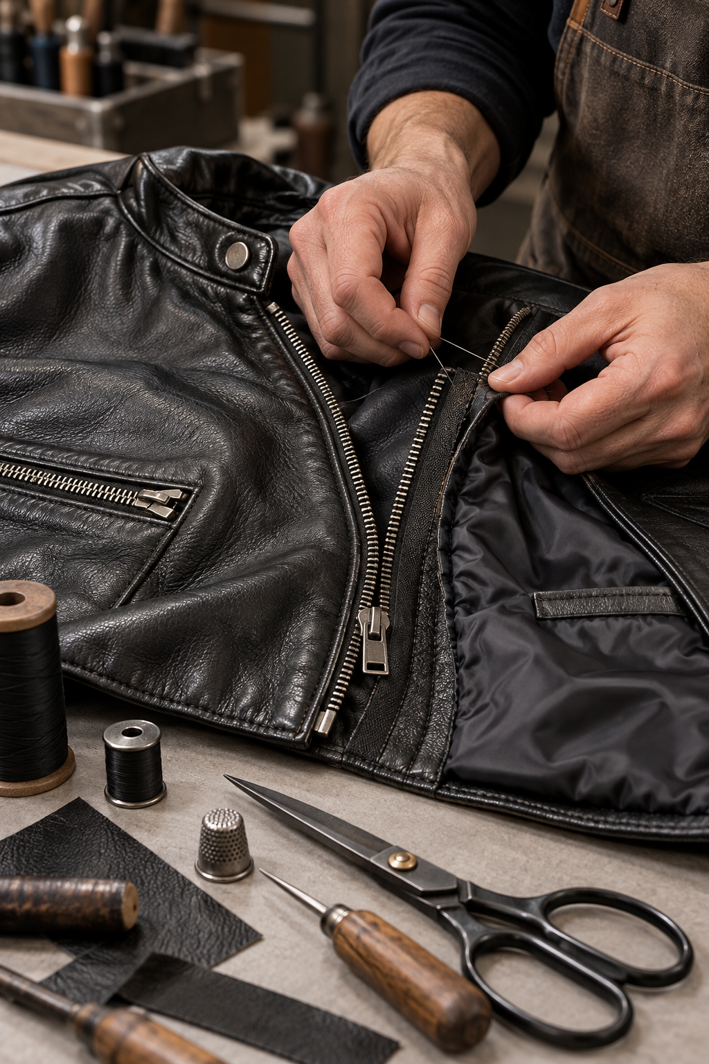 Expert leather jacket zipper and lining repair at Kingsman Bride in Teaneck, New Jersey