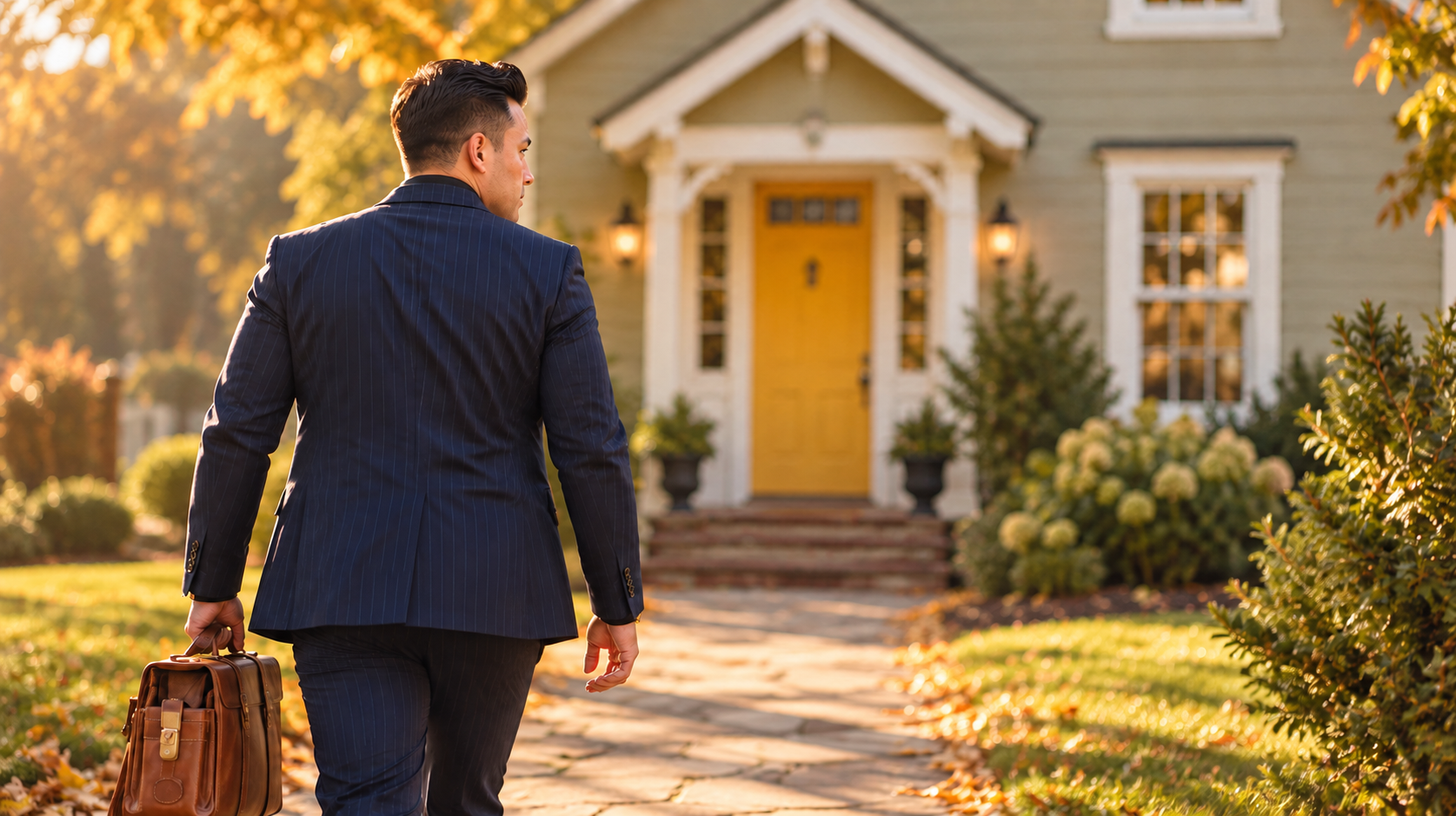 A tailor arriving at a client's home for a home fitting appointment with The Kingsman Bride