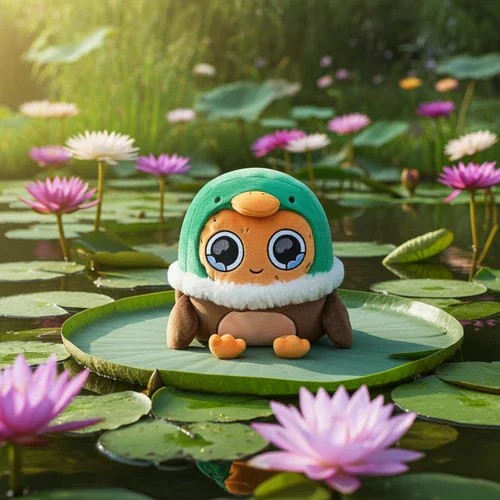 A plush toy of a sad chicken nugget dressed in a  woodland duck costume, sitting on a lily pad among pink and white water lilies in a pond.