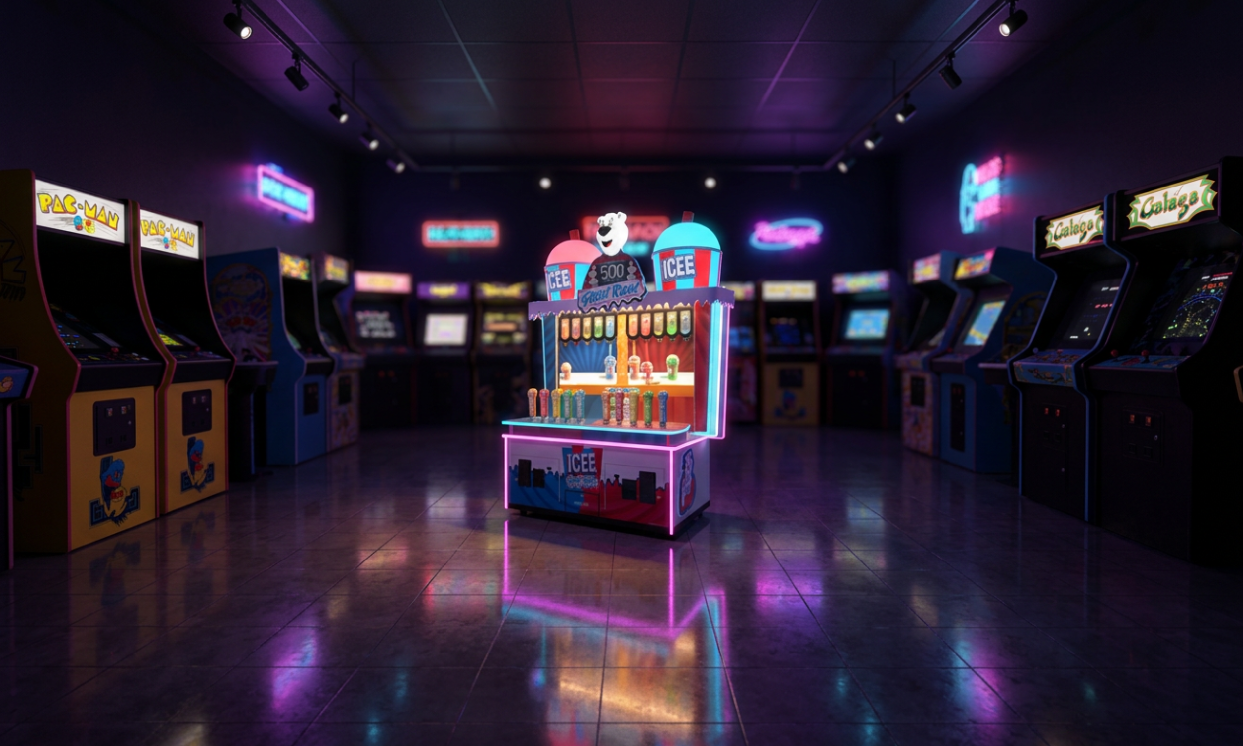 An arcade with neon lights and vintage game machines. In the center, there is a colorful icee drink stand next to a bear mascot holding a large icee. The room has a dark ceiling with track lighting and reflective flooring.