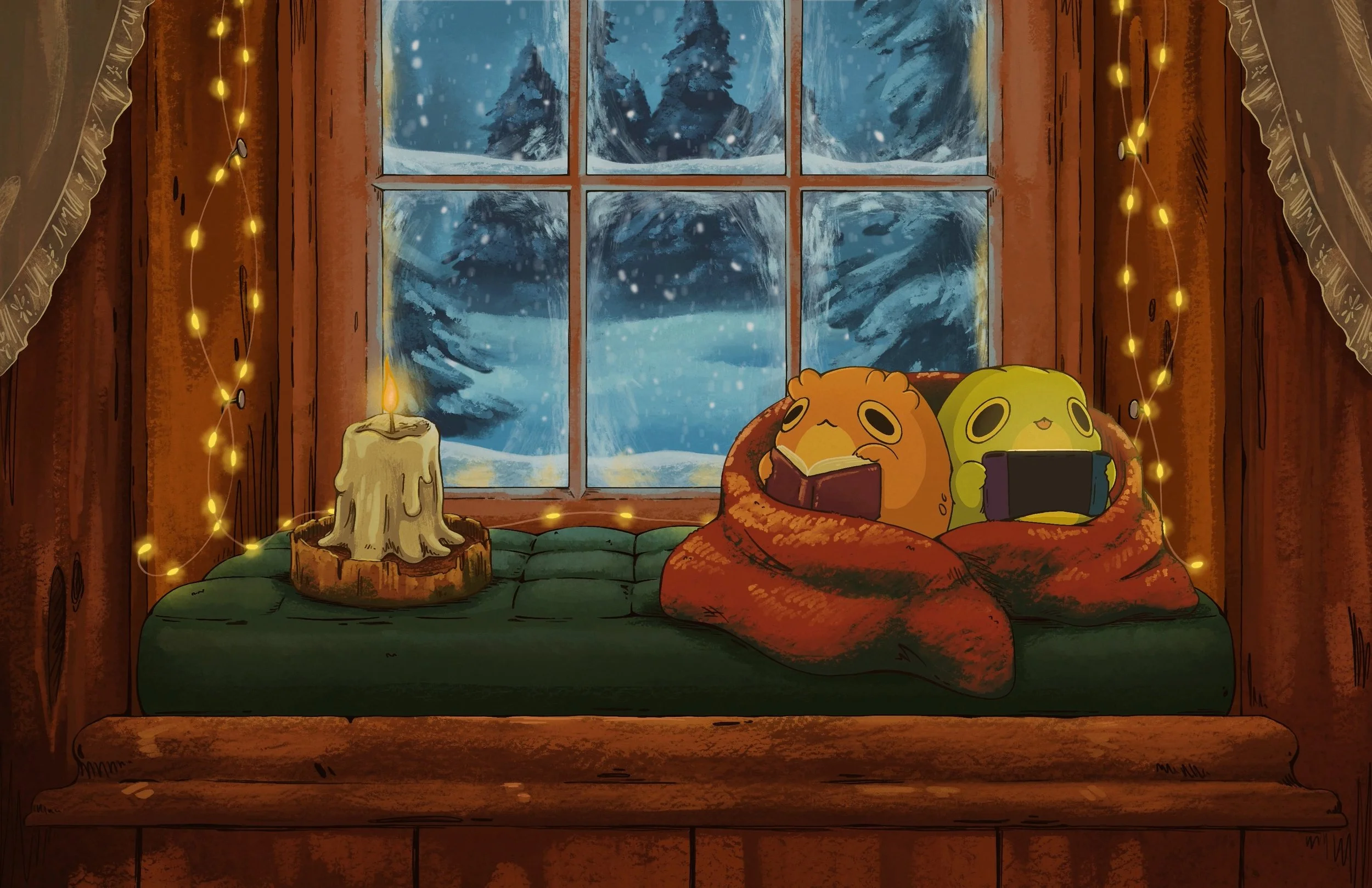 A cozy interior scene showing a large window with snow falling outside, decorated with string lights. Inside, there are two plush pillows on a green cushioned area, each with cartoonish characters reading books. There is a lit candle on a tree stump and snow-covered evergreen trees visible through the window.