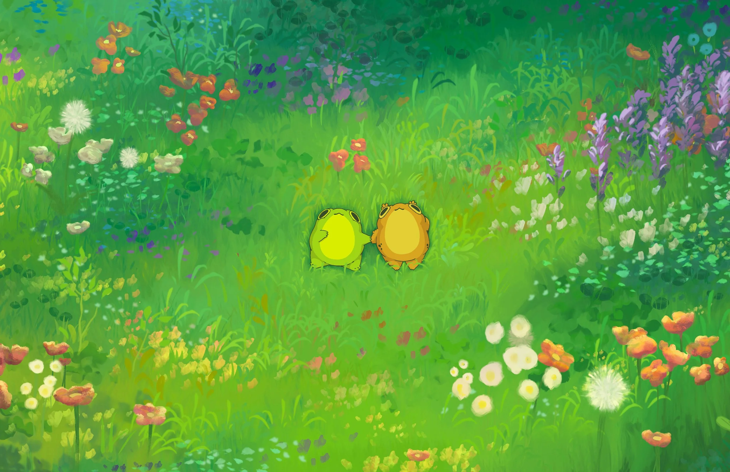 A colorful animated scene of a lush green garden with various flowers, tall grasses, and two cartoon frogs holding hands in the center.