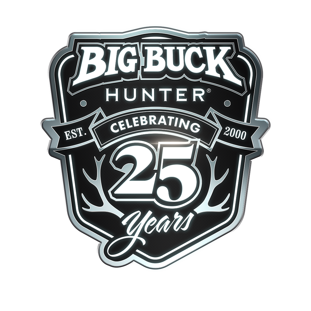 Black and silver badge celebrating 25 years of Big Buck Hunter, established in 2000.