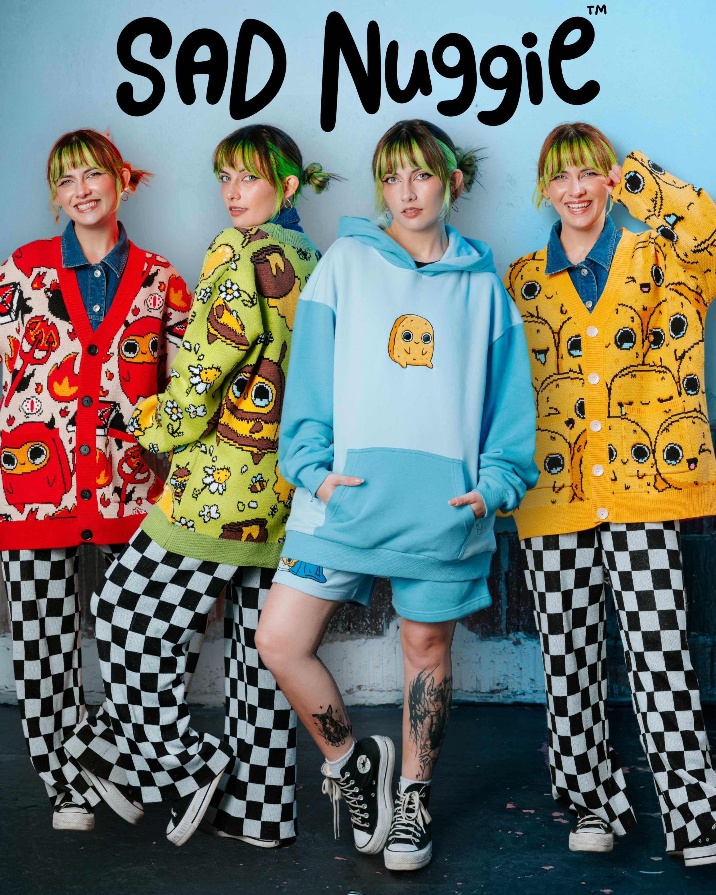 Four people standing against a wall wearing colorful, themed sweaters and checked pants, with the words 'Sad Nugget' written above them.