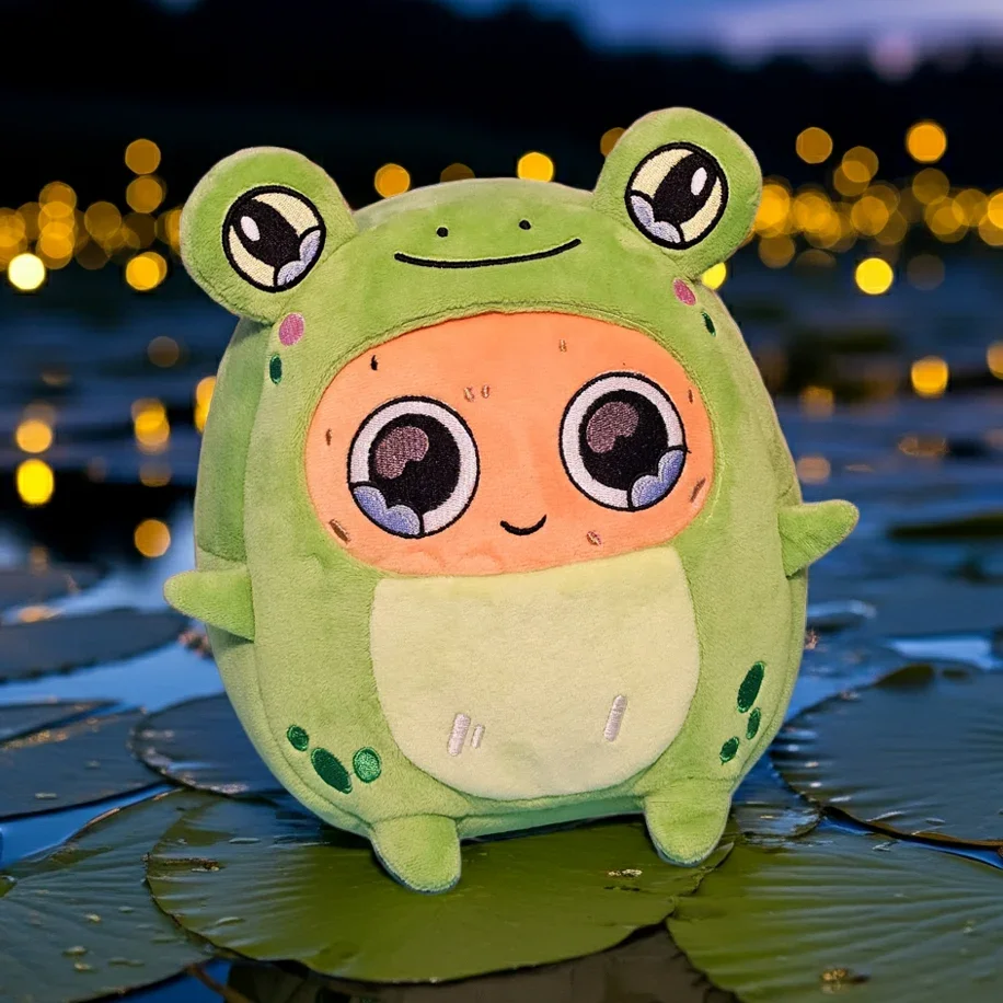 A plush toy of a cute character dressed in a frog costume with large eyes and a small smile, set against a backdrop of water and lights at dusk.
