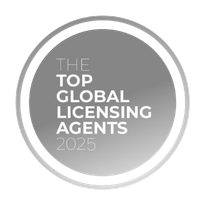 Gray circular logo with white and light gray text reading 'The Top Global Licensing Agents 2025'
