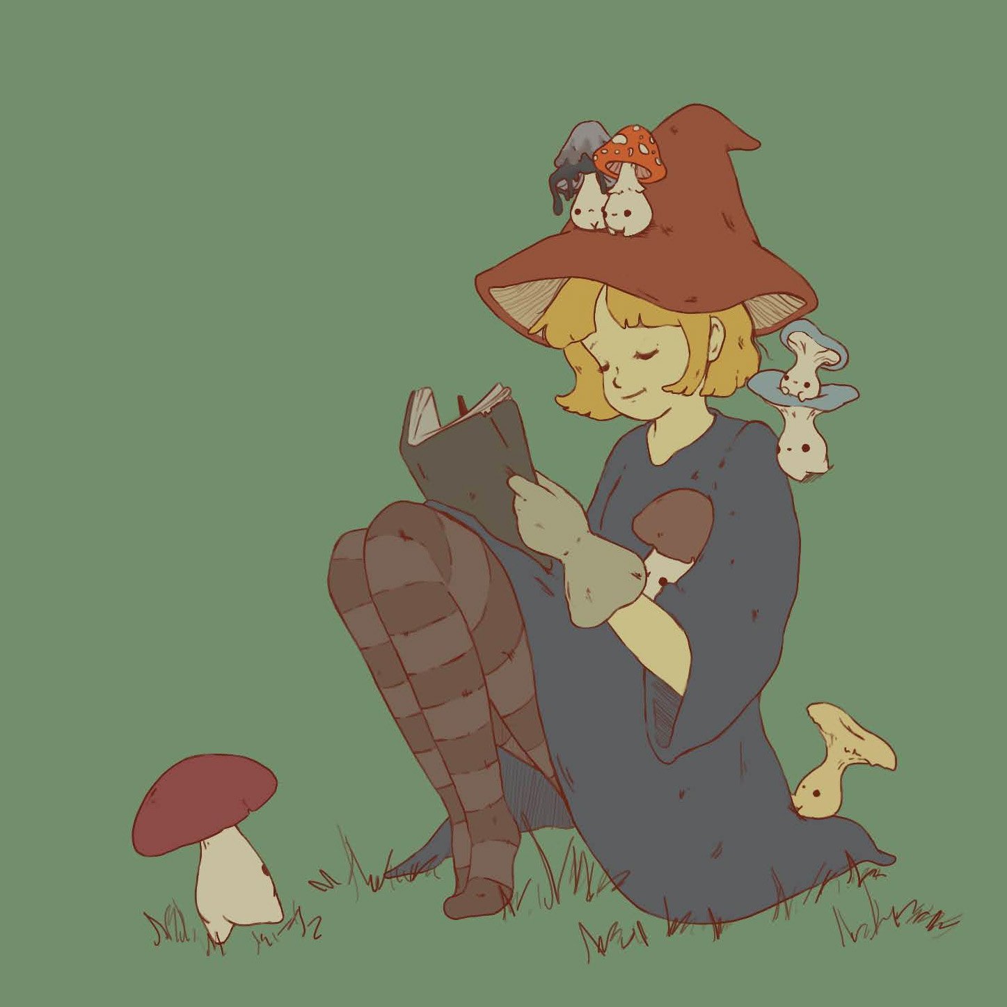 A girl with short blonde hair, wearing a dark dress and striped leggings, is sitting on grass reading a book. She is wearing a large, brown, pointed witch hat decorated with small creatures and mushrooms. Several small mushroom-like creatures are around her, some on her hat, some on her shoulder, and others on the grass. The background is a plain green color.