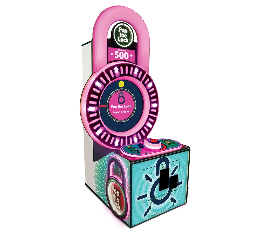 Colorful arcade-style game machine with a neon pink and green theme, featuring a circular spinning wheel, a button, and digital displays with prompts to "Pop the Lock" and a jackpot of 500.
