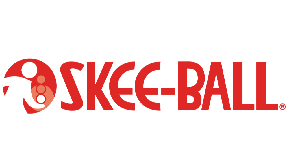 Logo of Skee-Ball with a stylized figure rolling a ball, featuring red, white, and tan colors.
