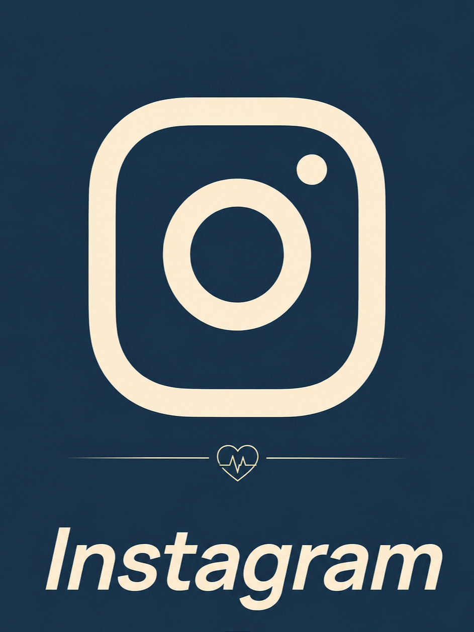 Logotipo de Instagram en color blanco sobre un fondo azul oscuro, con efectos de corazón y línea en la parte inferior.