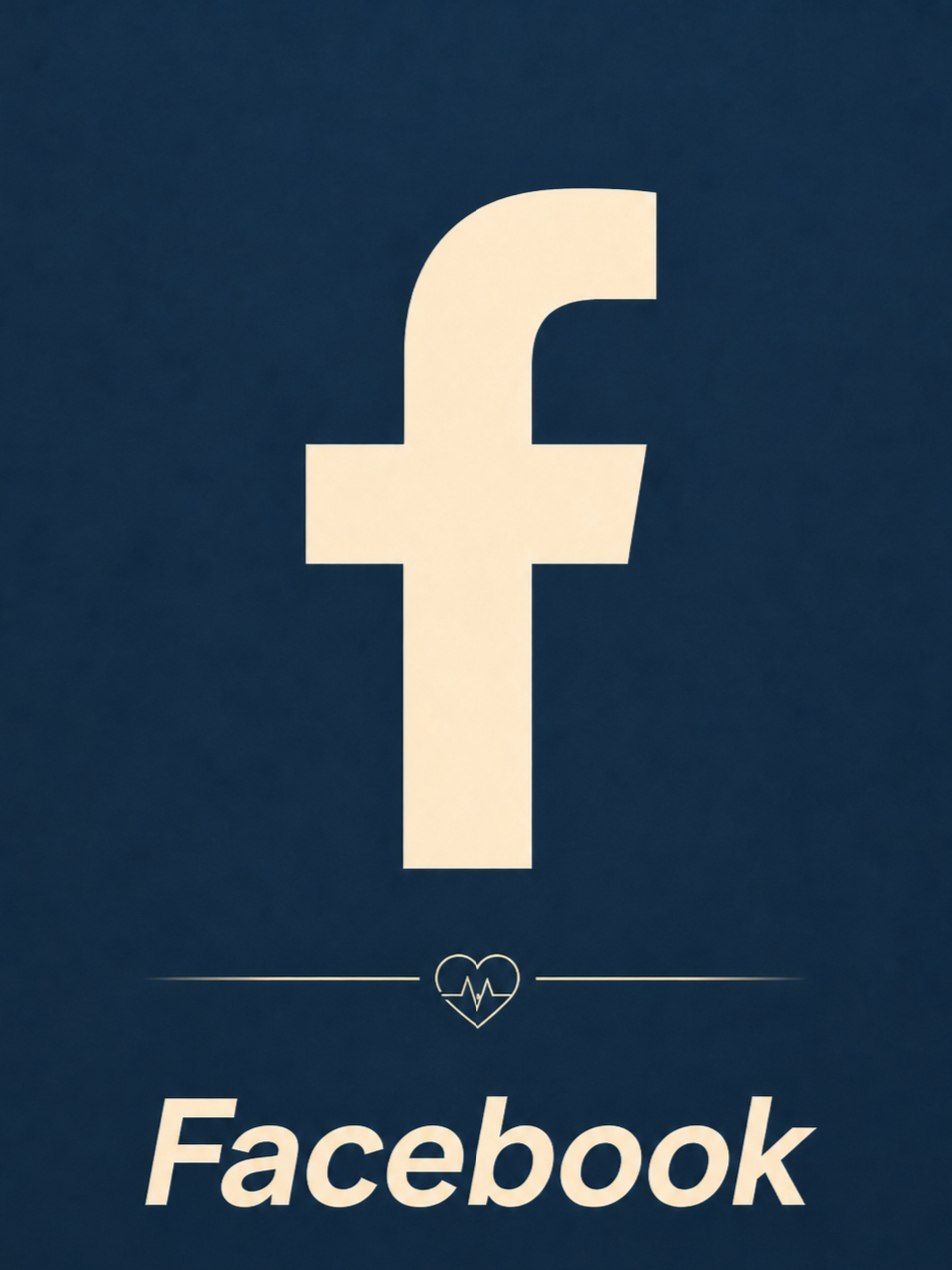 Logotipo de Facebook con un símbolo de corazón y un electrocardiograma en el centro, fondo azul oscuro, texto 'Facebook' en la parte inferior.