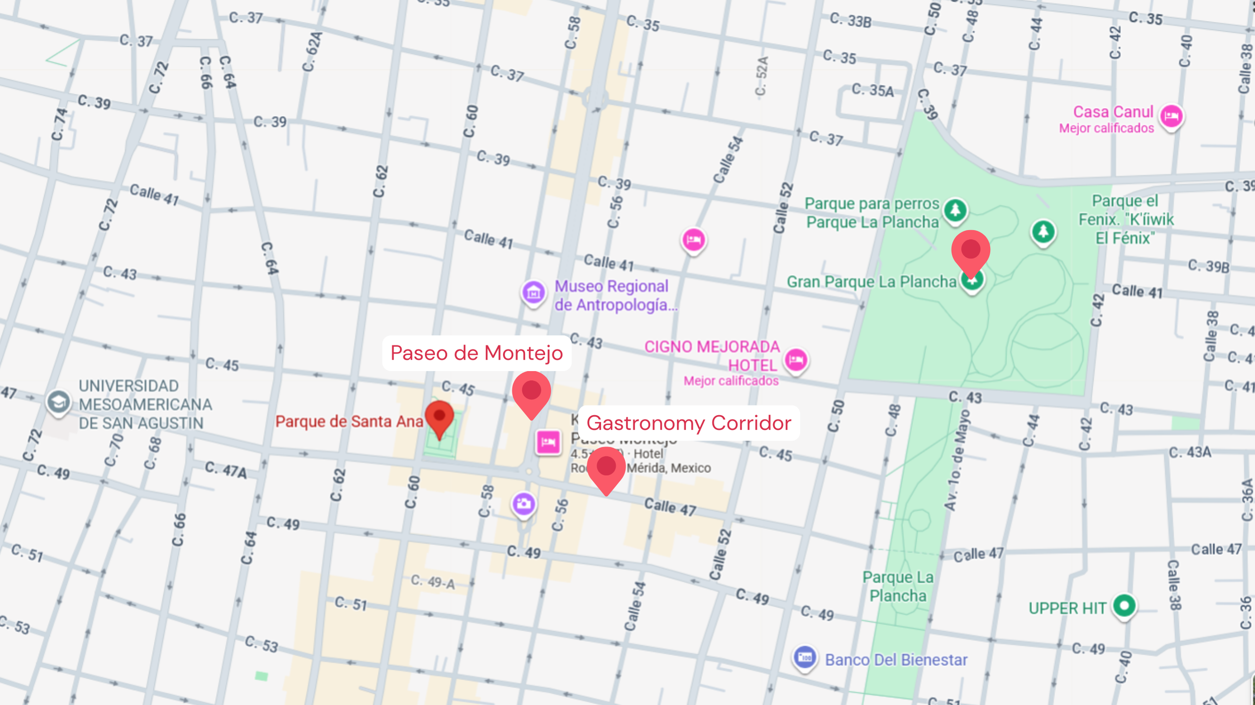 A digital map of a neighborhood in Mexico City highlighting streets, parks, hotels, and landmarks including Parque Santa Ana, Museo Regional de Antropología, and Parque La Plancha, with labels for Paseo de Montejo and Gastronomy Corridor.