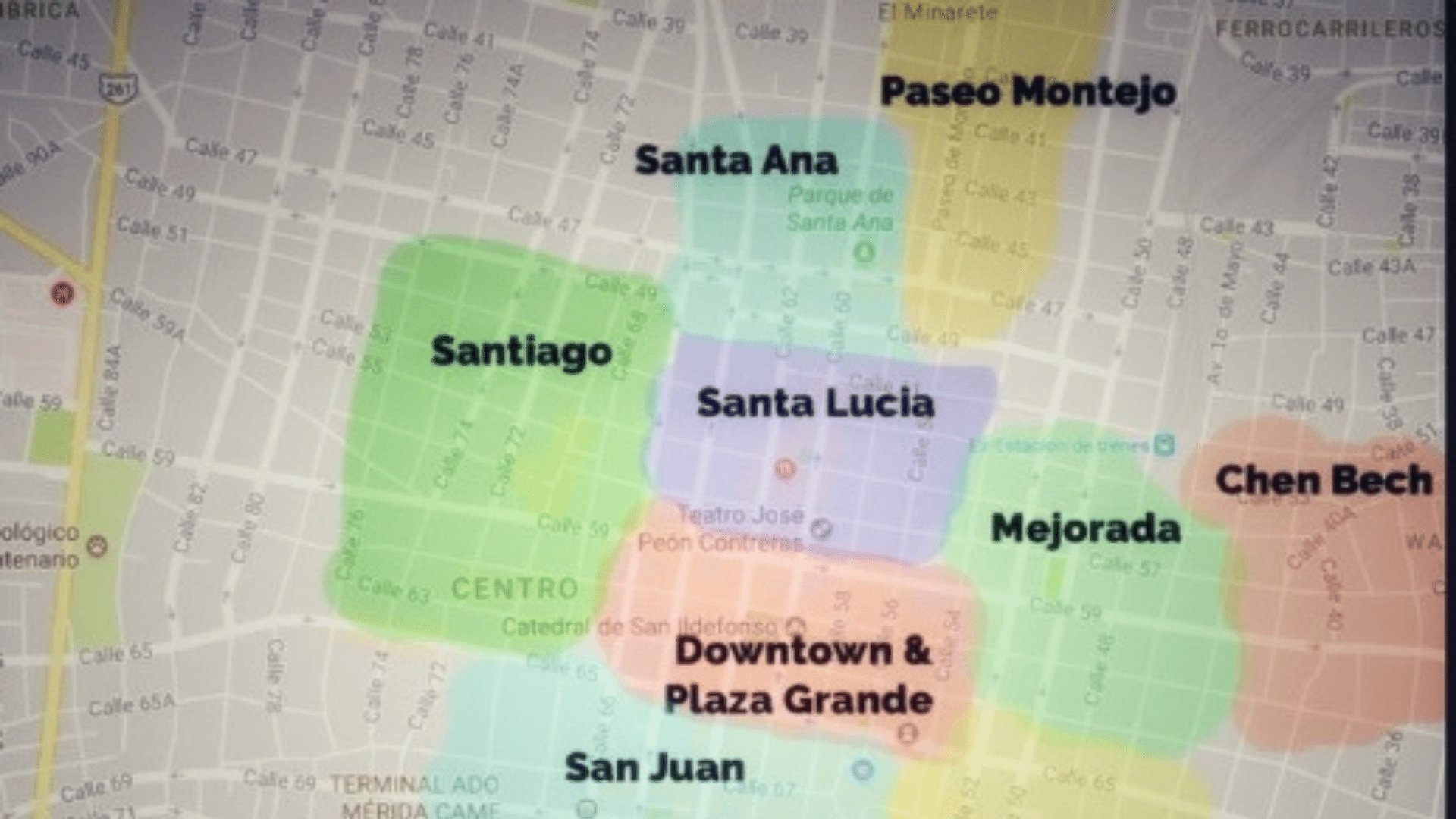 Color coded map of popular colonias in Centro Mérida, Yucatán, Mexico.