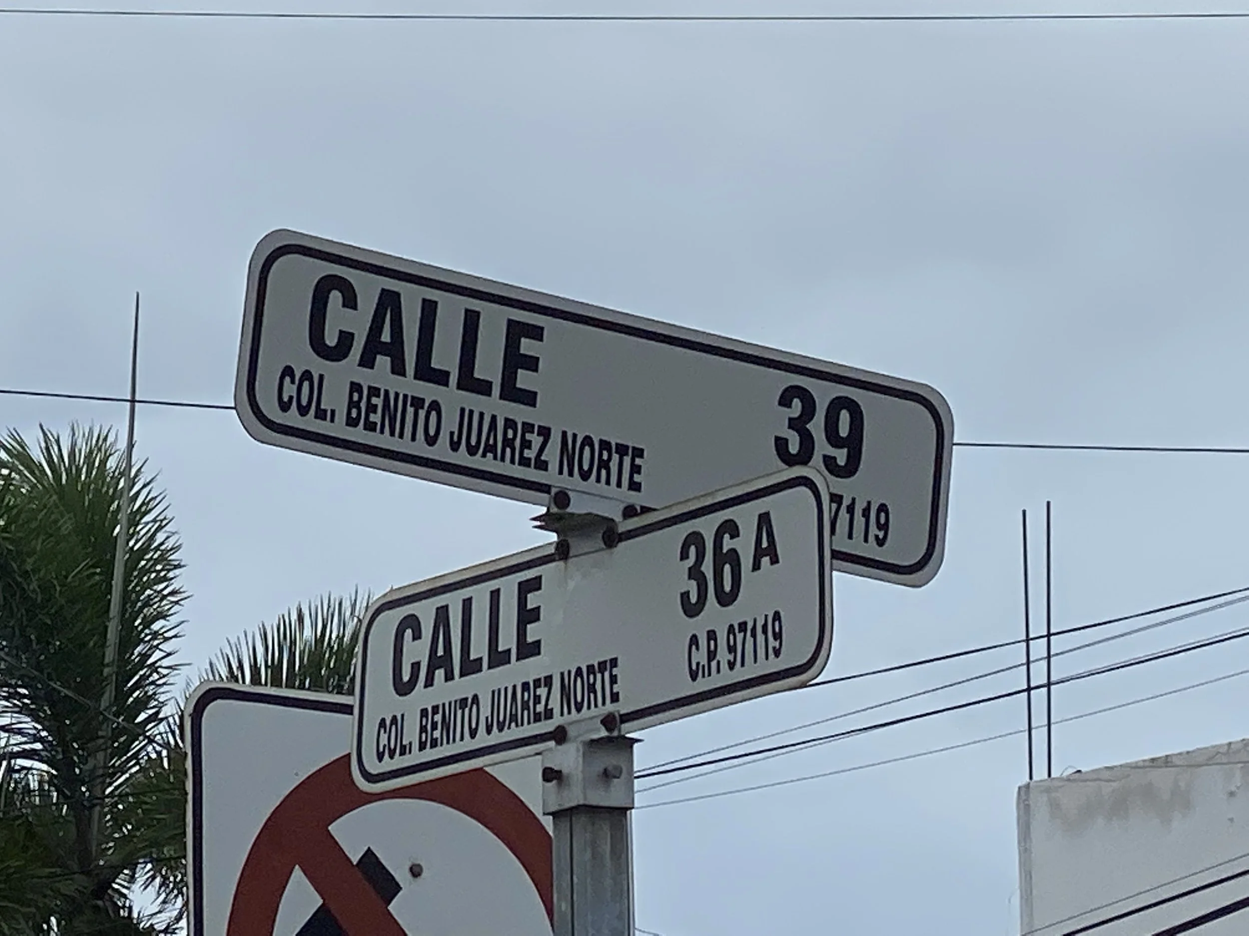 White street sign in Mérida, Mexico, marking the intersection of Calle 39 and Calle 36A in Colonia Benito Juárez Norte.