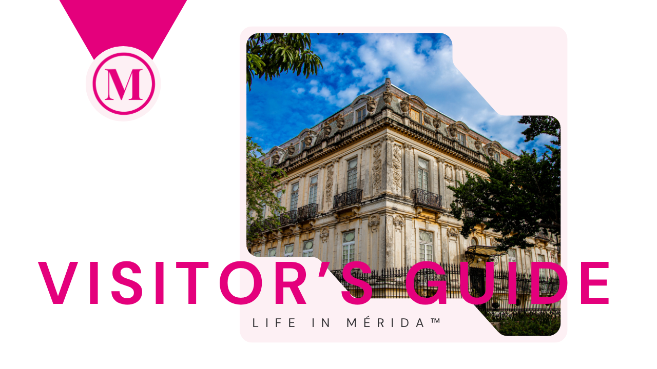 Cover of a tourist guide for Mérida, featuring a historic building with ornate architecture and a blue sky with clouds.