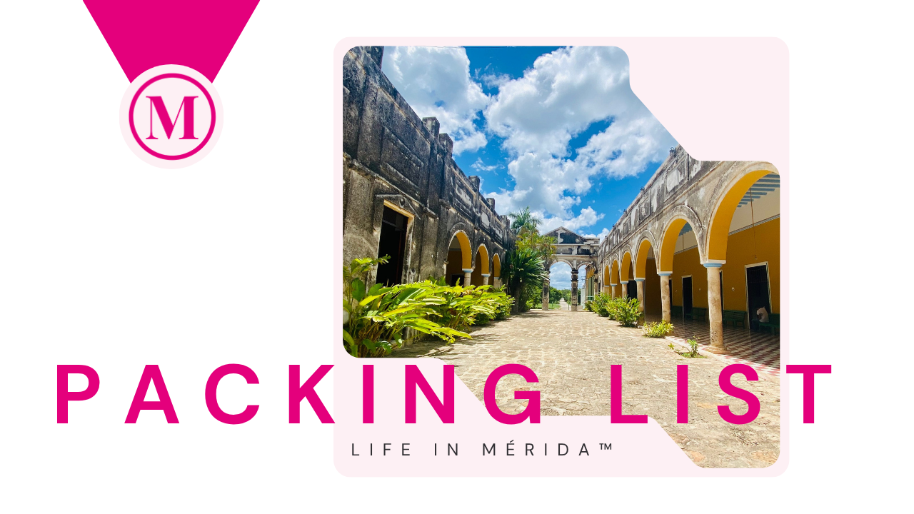 A cover page with a vibrant pink logo with the letter M, a large pink title saying 'Packing List', and a photograph of a historic courtyard with yellow and black buildings, arches, lush greenery, and a bright blue sky.