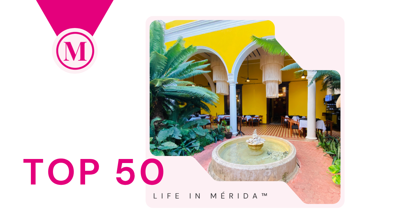 Decorative graphic for a top 50 list featuring a bright yellow wall, lush green plants, a fountain, and dining tables with white tablecloths in a restaurant or cafe setting in Mérida.