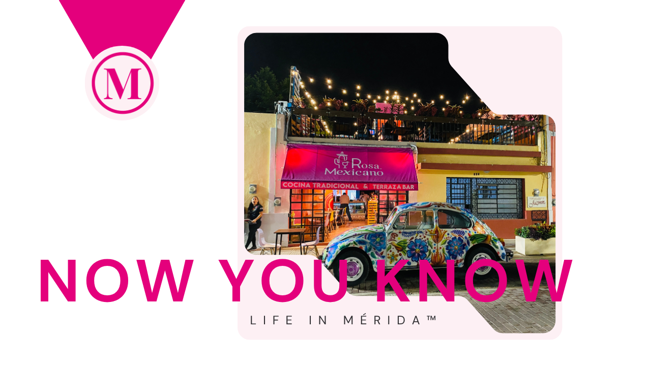 A colorful building with outdoor seating and string lights, featuring a vintage Volkswagen car decorated with vibrant floral designs parked in front, with text overlay reading "NOW YOU KNOW" and the phrase "LIFE IN MÉRIDA" below.