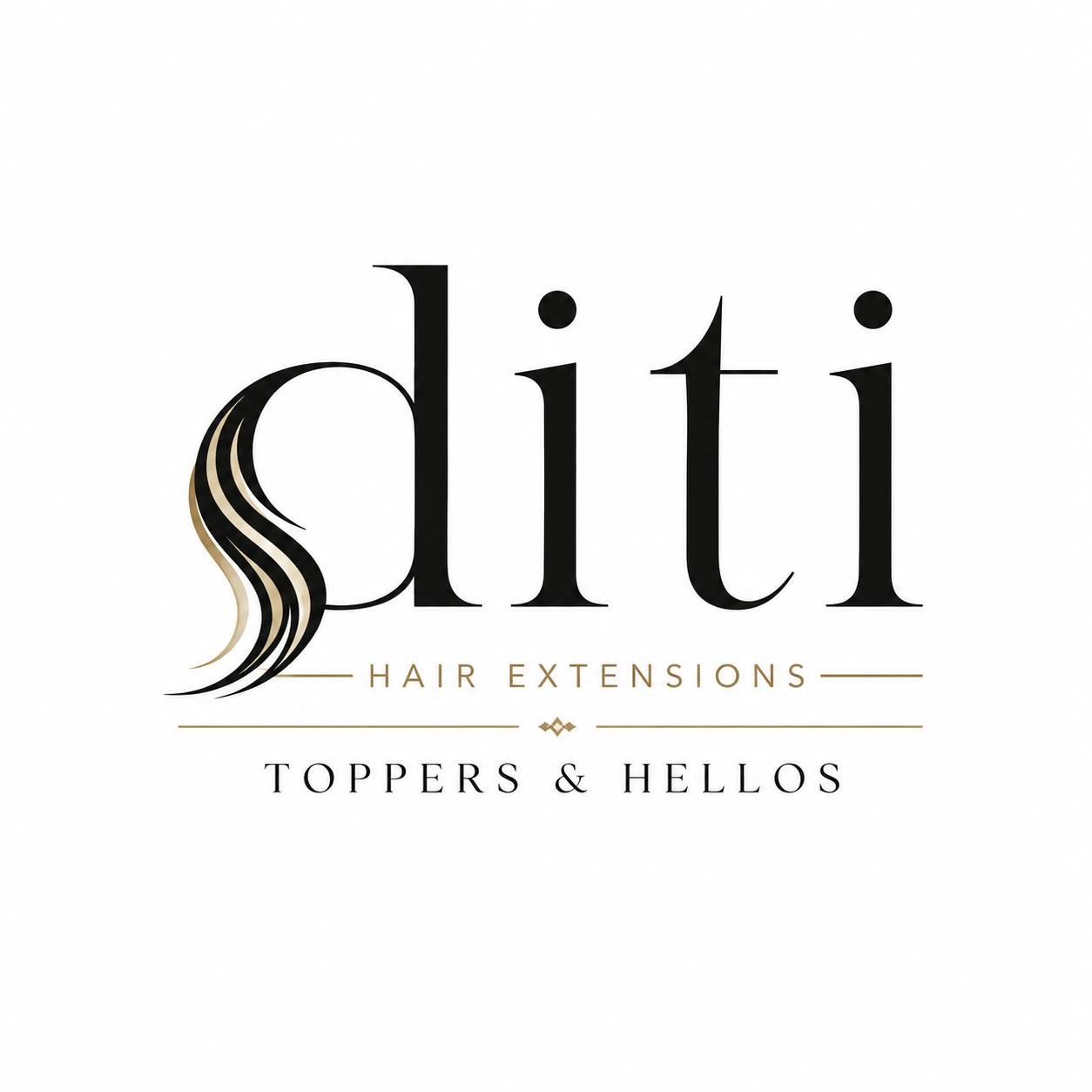 Logo for Diti Hair Extensions featuring black text with a stylized hair graphic, gold accents, and the tagline 'Toppers & Hellos'.