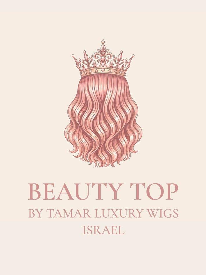 Illustration of long, wavy pink hair with a decorative crown above it, and text that reads 'Beauty Top by Tamar Luxury Wigs Israel'.