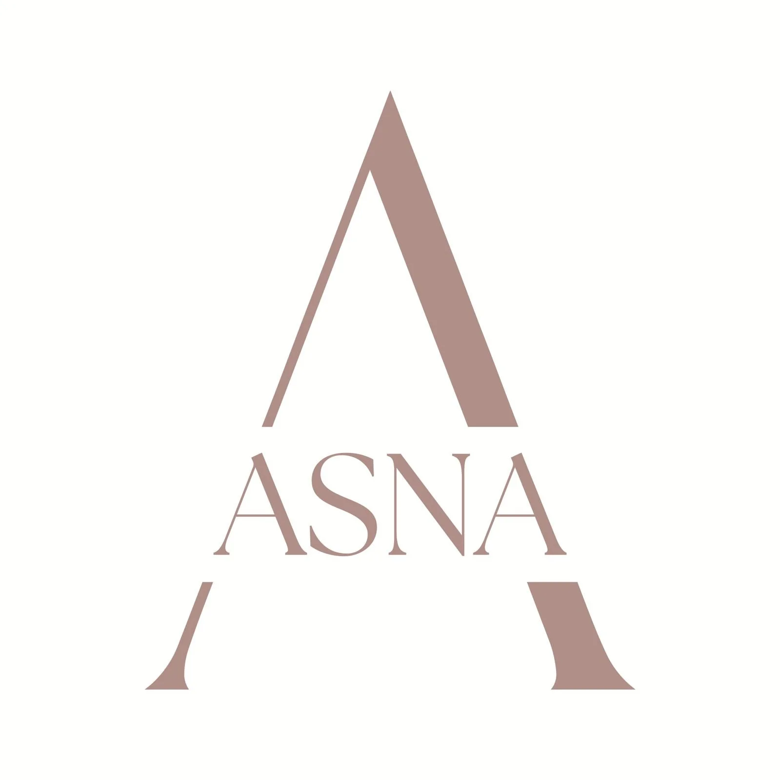 A stylized letter A with the word ÅSNA written across it in a serif font and a muted pink color.