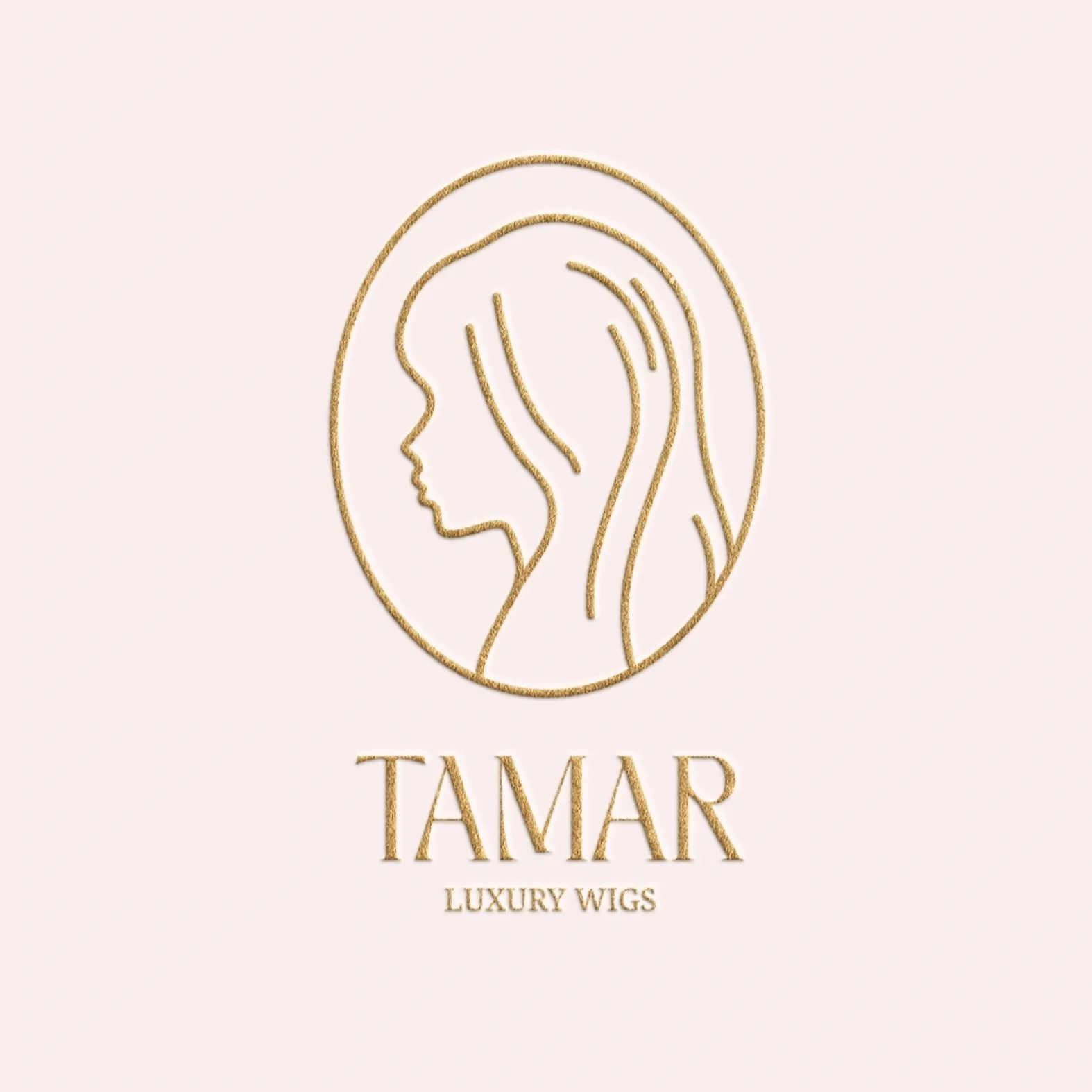 Logo for Tamar Luxury Wigs featuring a gold outline of a woman's side profile with long hair and the brand name below.