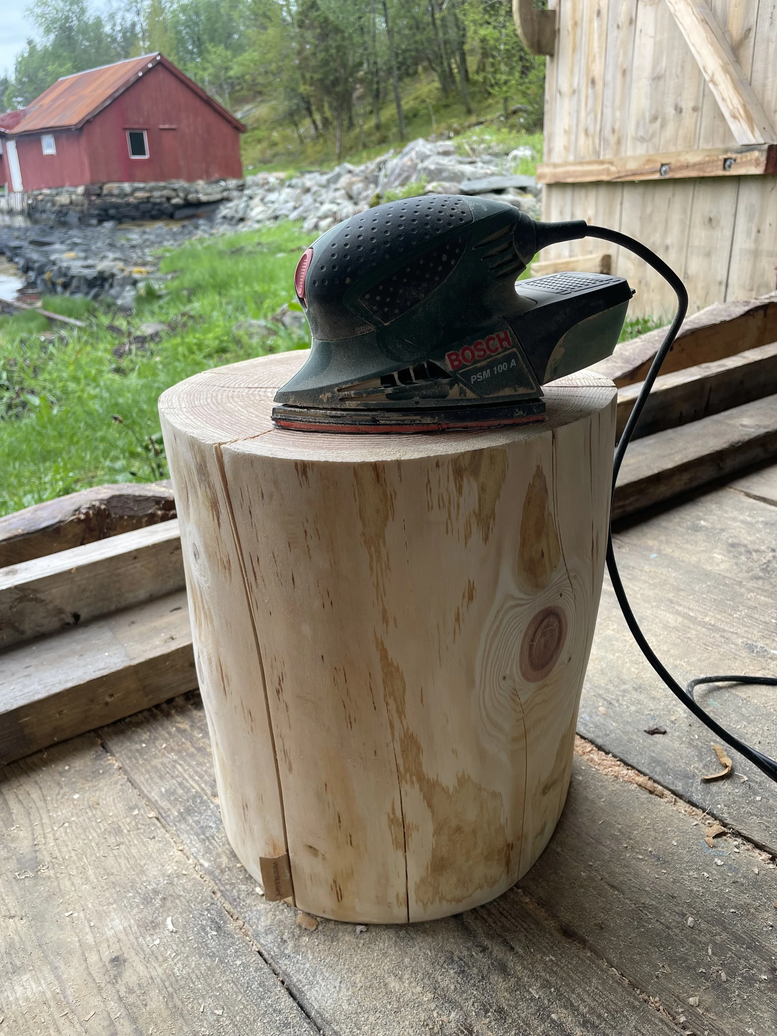 En elektrisk luftwäsare står på en rund vedkubbe innendørs, med utsikt over en skogsslått i bakgrunnen.