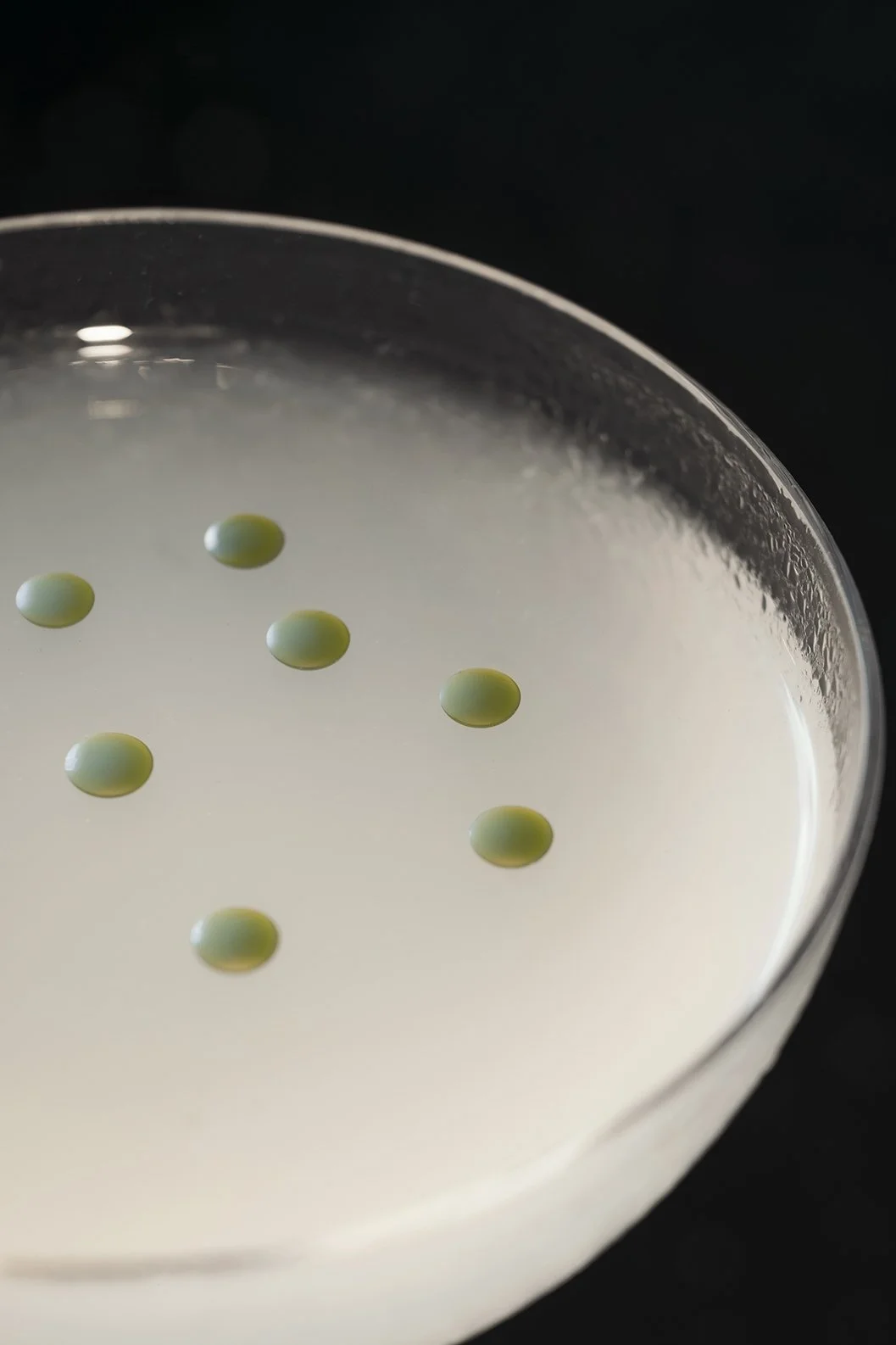 Primer plano simétrico de coctelería de autor con texturas. Dirección de arte gastronómica, Voronoi Studio.