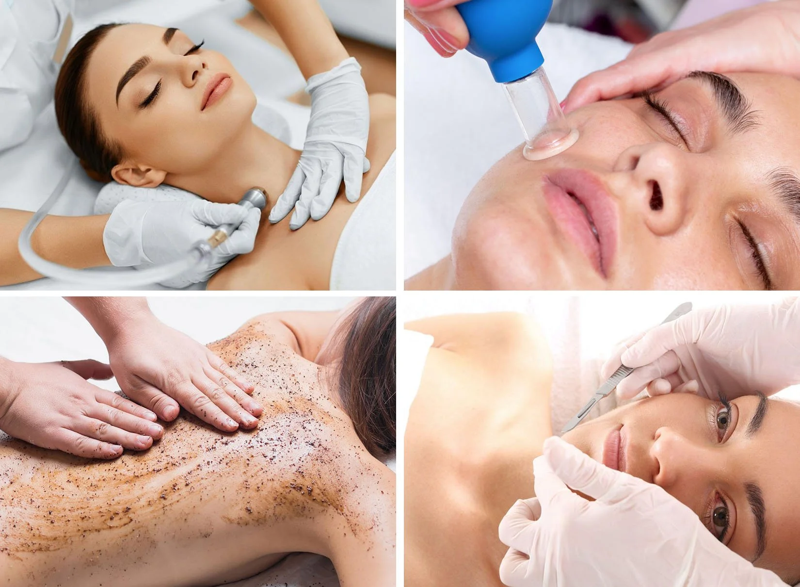 Collage of four images showing various spa treatments. Top left shows a woman receiving a massage, top right shows a facial treatment with a dropper, bottom left shows a person receiving a body scrub, bottom right shows a woman undergoing a facial procedure with a tool.