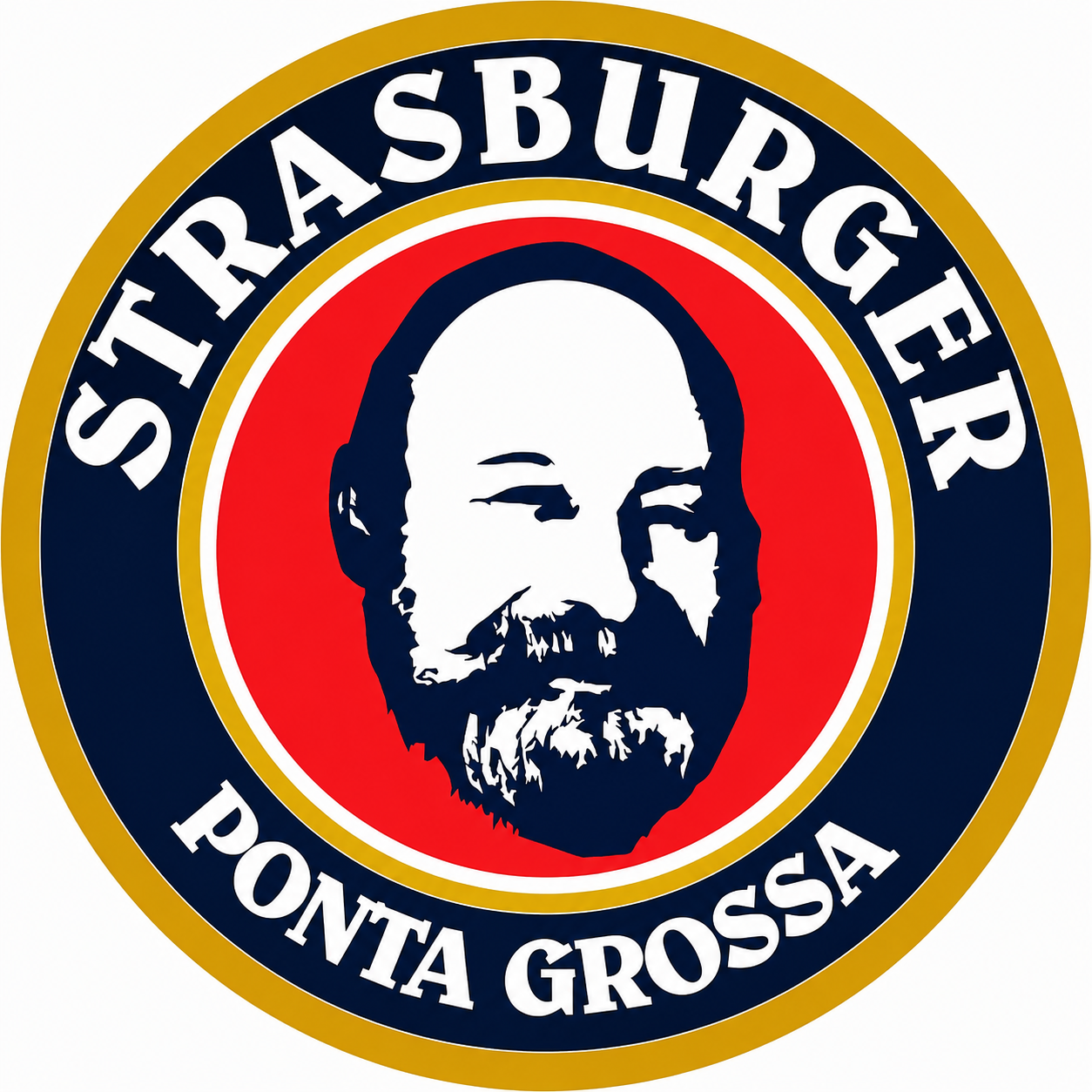 Logotipo do restaurante Starburger em Punta Grossa com uma imagem estilizada de um homem de barba e bigode no centro, usando fones de ouvido. Cores predominantes azul, vermelho, branco e dourado.