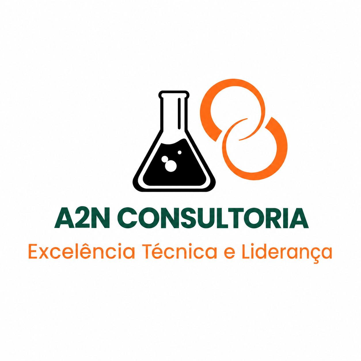 Logotipo da A2N Consultoria com uma imagem de um tubo de ensaio e duas ovelhas, escrito 'A2N CONSULTORIA' em verde e 'Excelência Técnica e Liderança' em laranja.