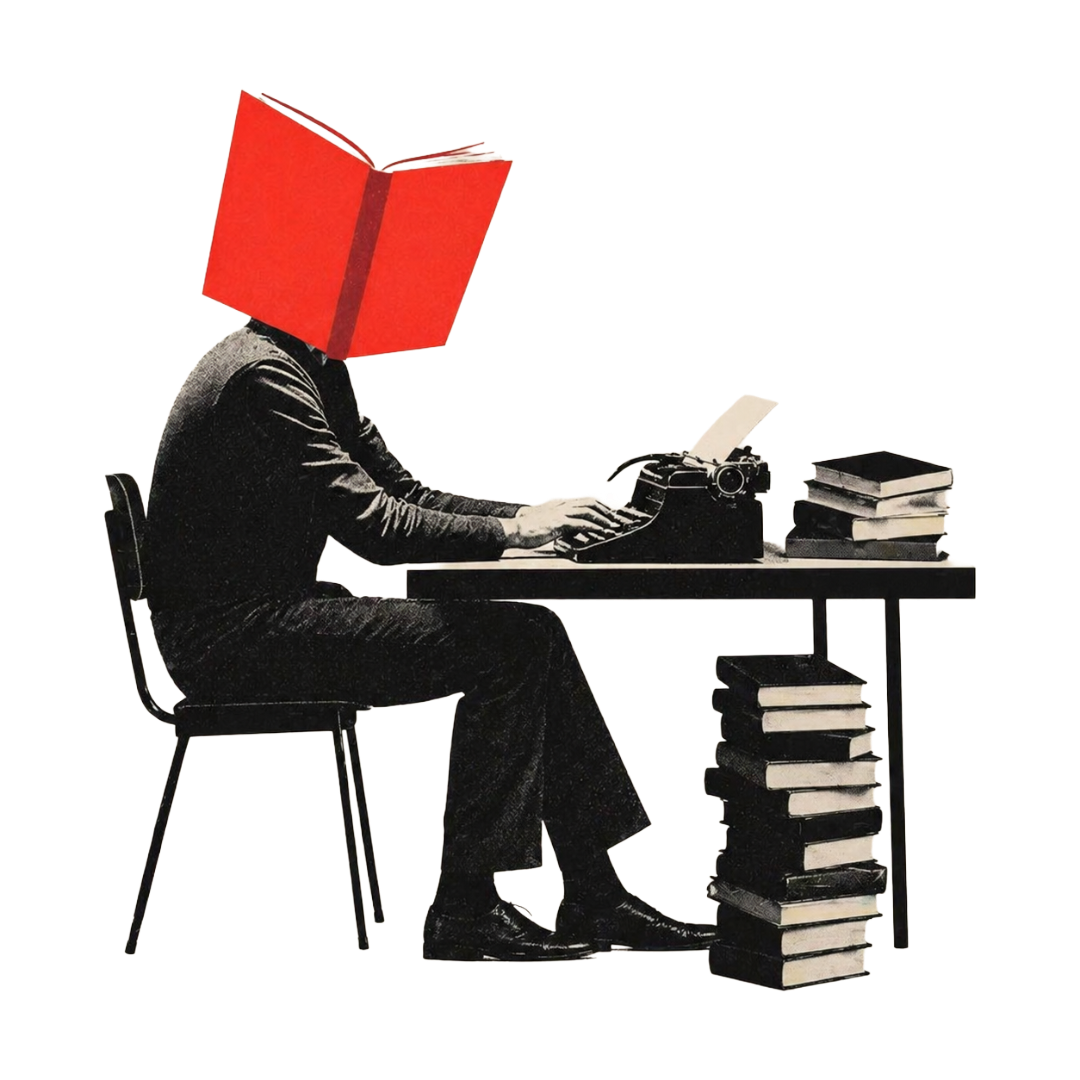 Pessoa sentada em uma cadeira, com cabeça de livro vermelho, digitando em uma máquina de escrever, com pilhas de livros ao redor.