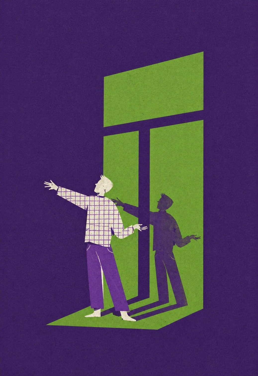 Ilustração com silhuetas de duas pessoas em cores contrastantes, uma branca com padrão xadrez e uma preta, interagindo perto de uma porta aberta verde, criando uma composição artística e abstrata.