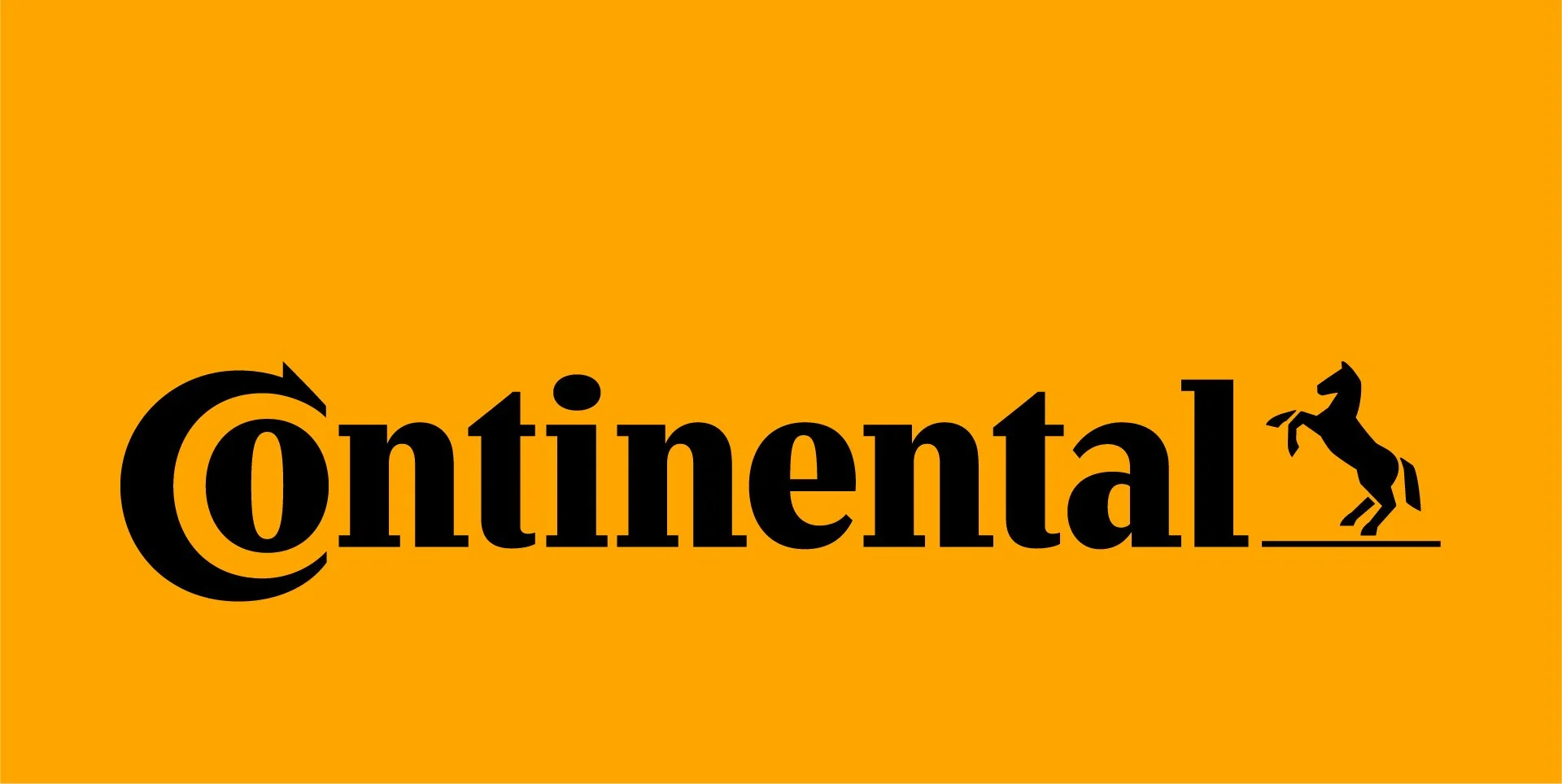 Logotipo da Continental com fundo laranja, destaque para a palavra 'Continental' em letras pretas e um cavalo de relingue preto ao lado direito da palavra.