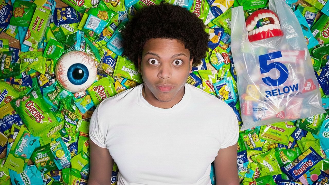A person with curly hair looking up, lying on a floor of assorted candies, with a large eyeball and a set of realistic dentures nearby. He appears to be shocked and disturbed by the unusual candy surrounding him.