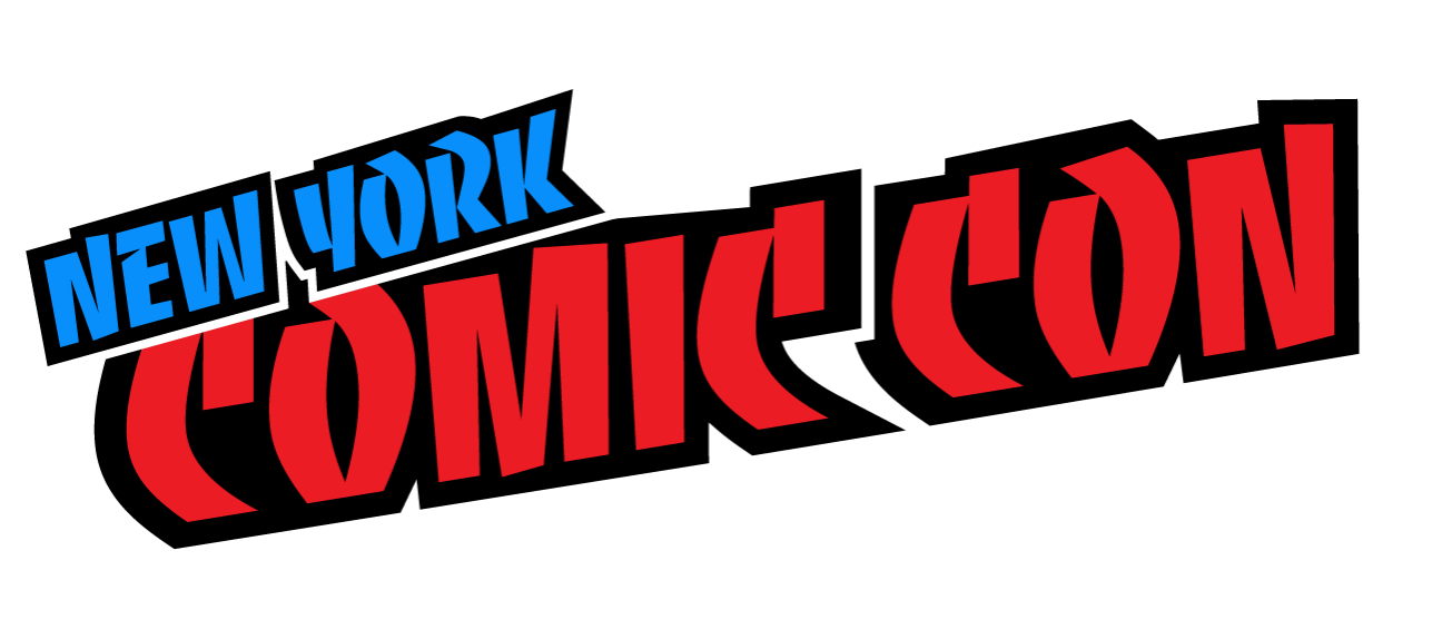 Logo for New York Comic Con, with 'New York' in blue and 'Comic Con' in red , and 'By REEDPOP' in white,  on a black background.