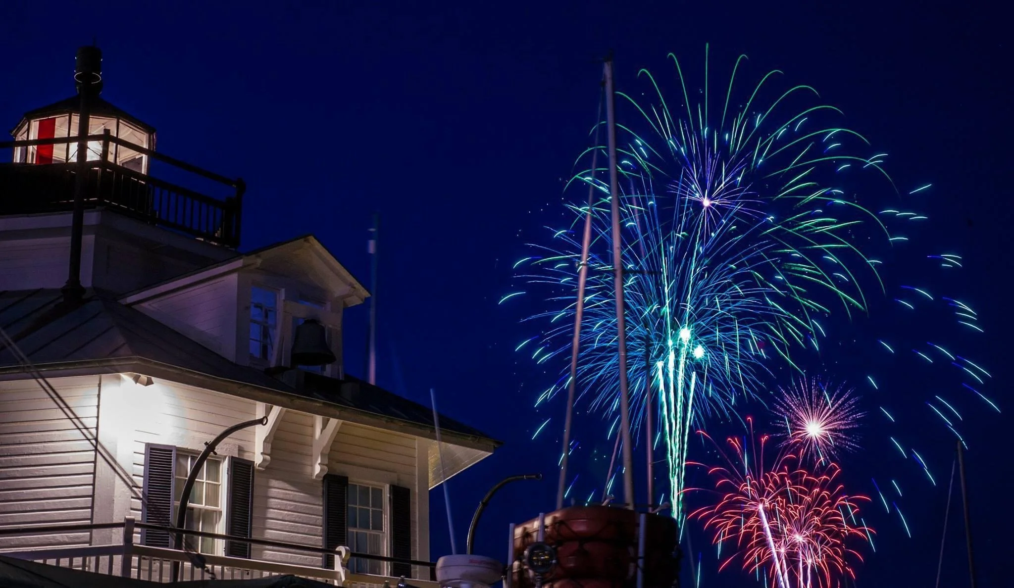 St. Michaels Annual Fourth of July Fireworks above the lighthouse at the Chesapeake Bay Maritime Museum.