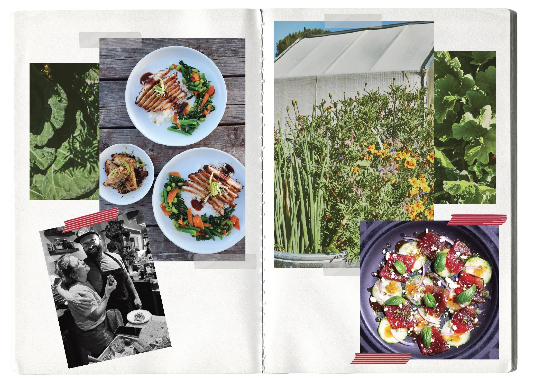 An open scrapbook featuring various photos including plates of food such as sushi and a dish with red meat and vegetables, a black and white photo of a man and woman dining, a photo of a greenhouse or garden, and a close-up of leafy greens and flowers.