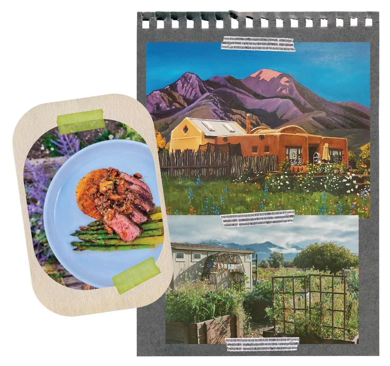 A collage of images including a mountain landscape with colorful mountains and a house, a close-up of a plate with cooked beef, asparagus, and purple flowers, and a backyard garden with raised beds, plants, and a building in the background.