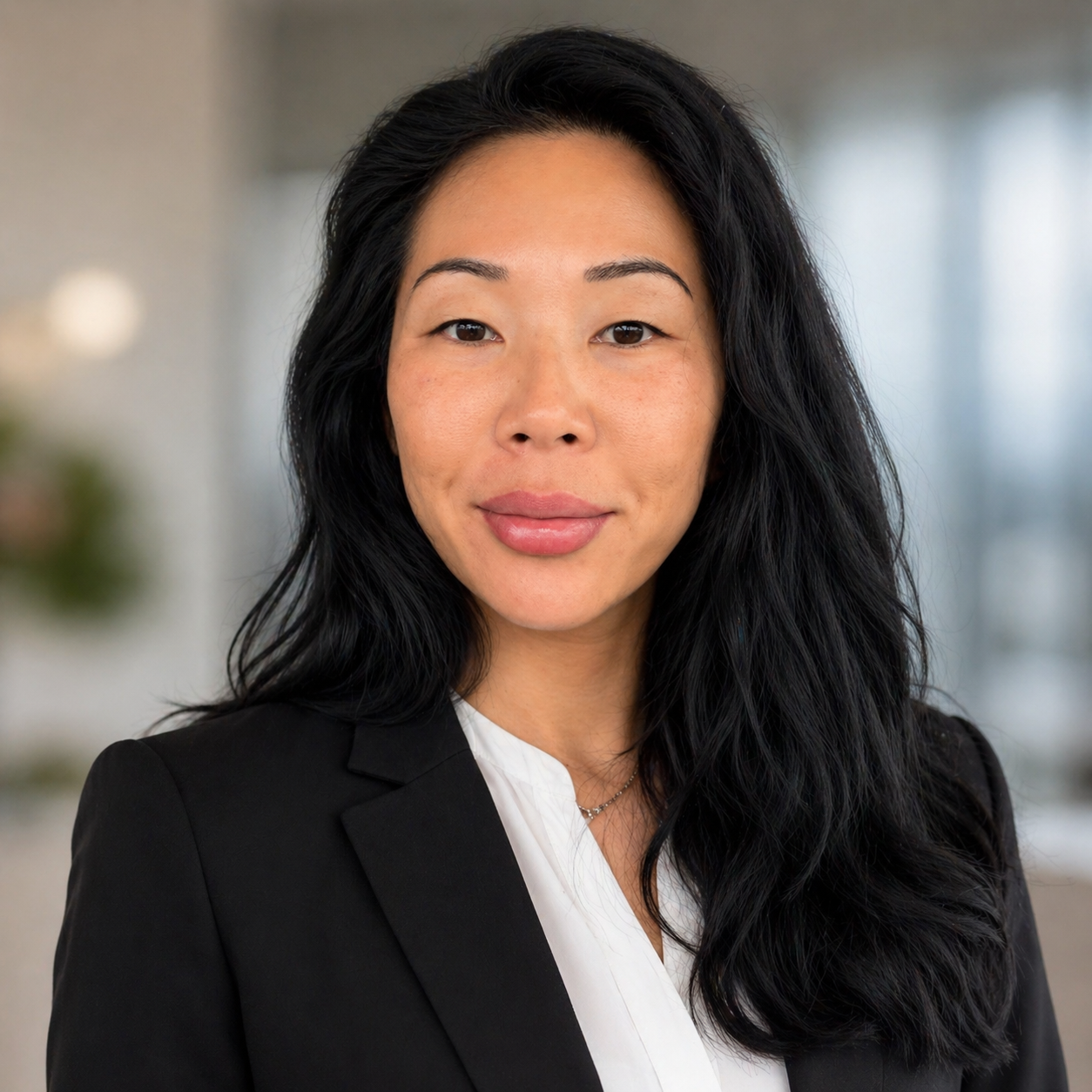 A professional woman with long black hair wearing a black blazer and white blouse, standing indoors with a blurred background.