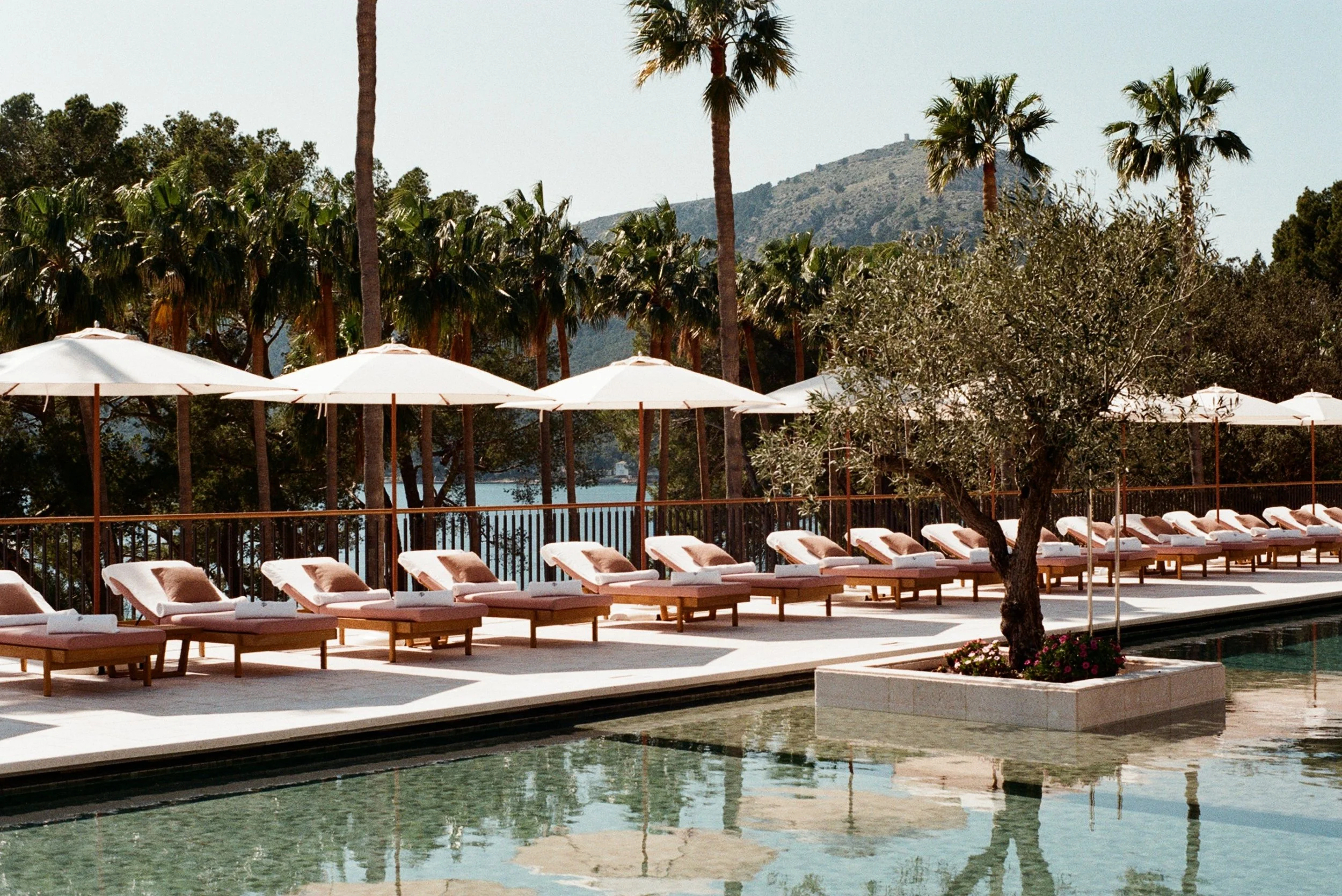 Four Seasons Mallorca. Outdoor pool area with lounge chairs, white umbrellas, palm trees, and a mountainous background.