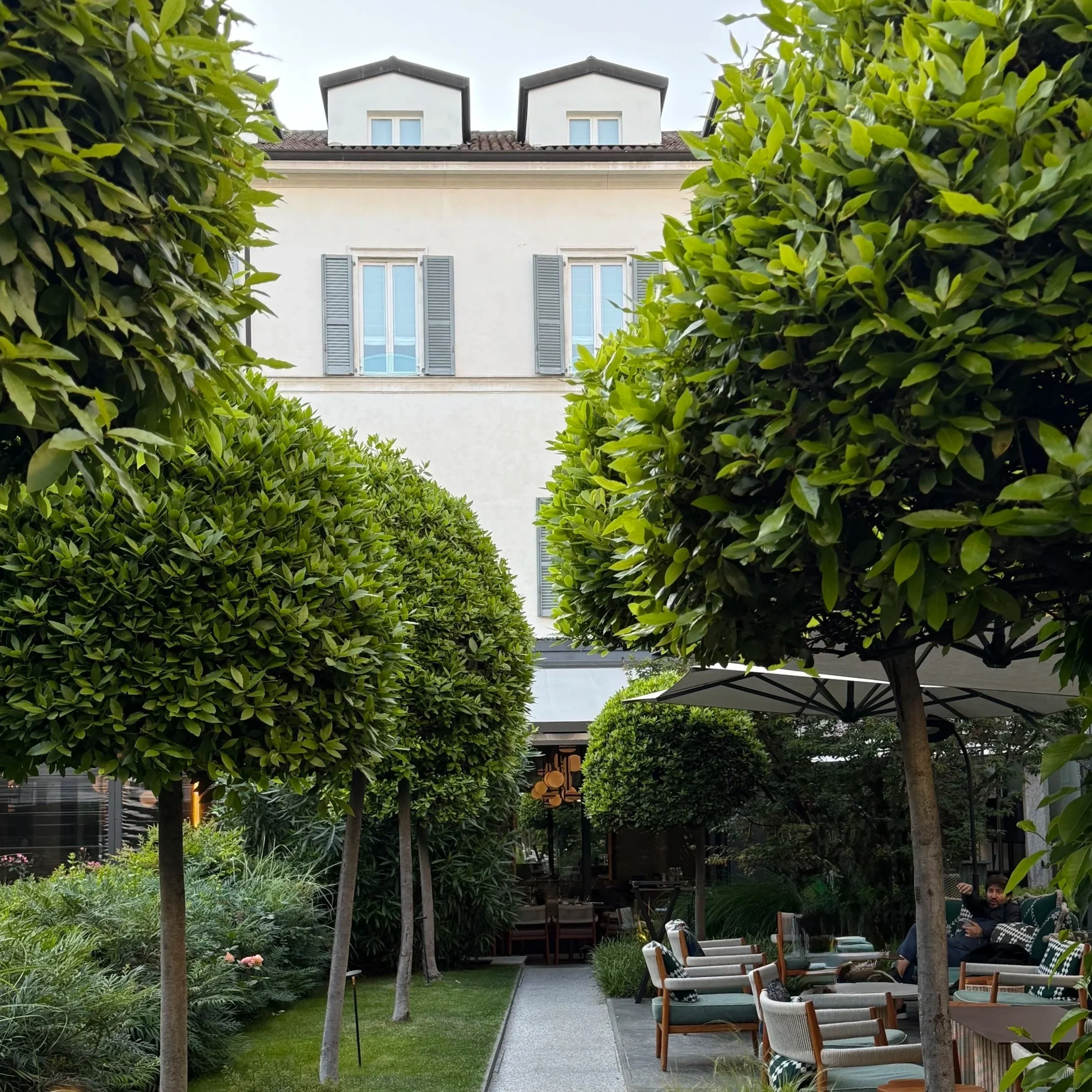 Outdoor seating area with chairs and tables surrounded by lush green trees and plants, with a building in the background.
