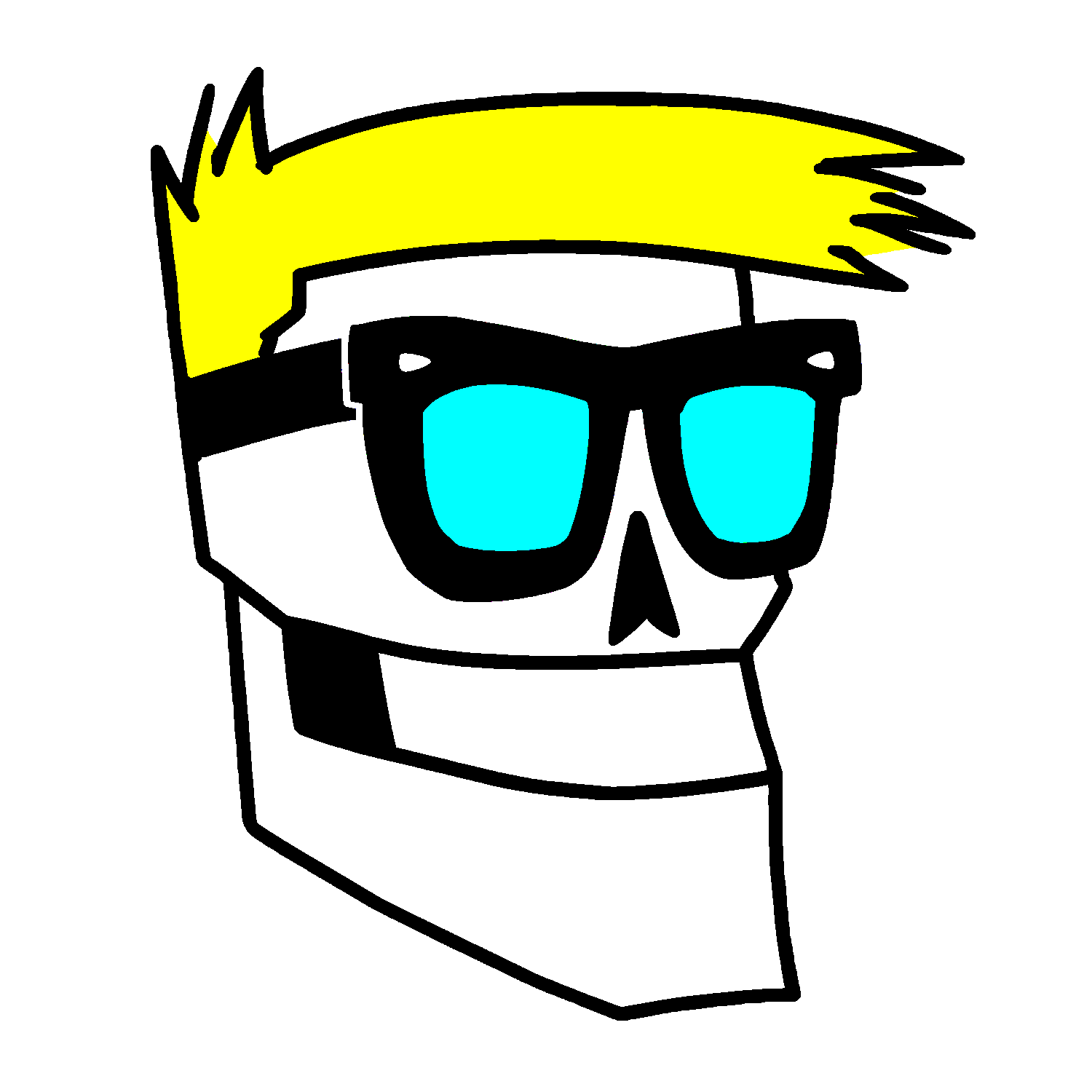 Drawing of a cartoonish human skull with blonde hair and sunglasses with blue lenses, set against a black background.