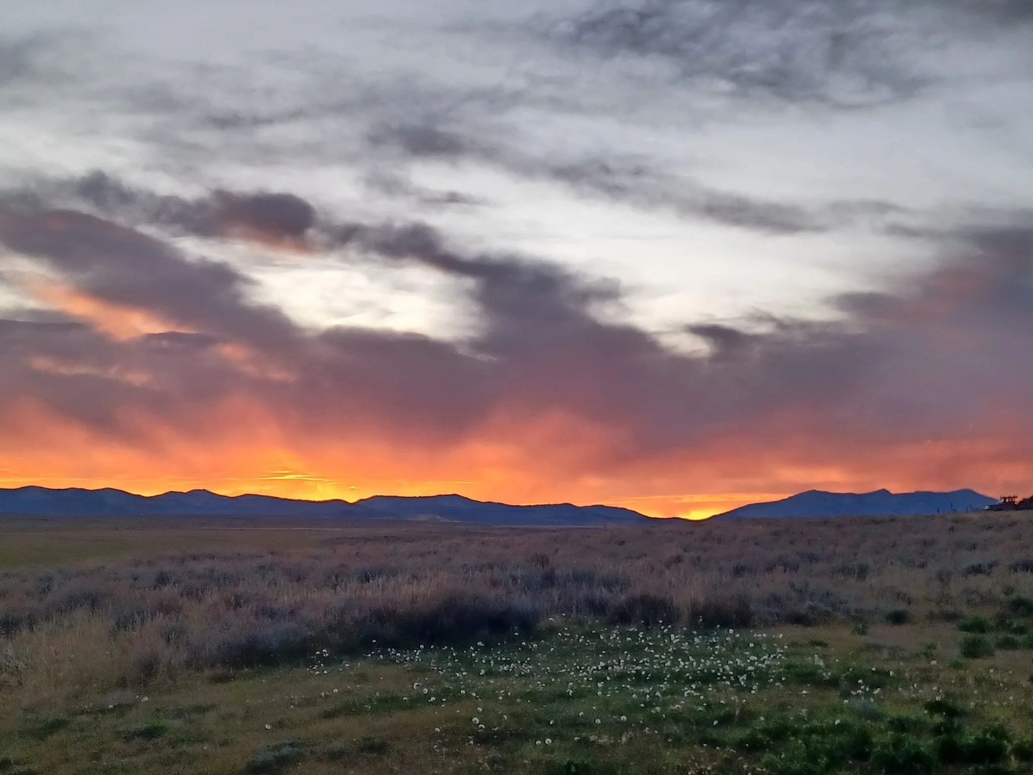 A wide landscape view of a sunset over open plains with distant mountains and a partly cloudy sky.